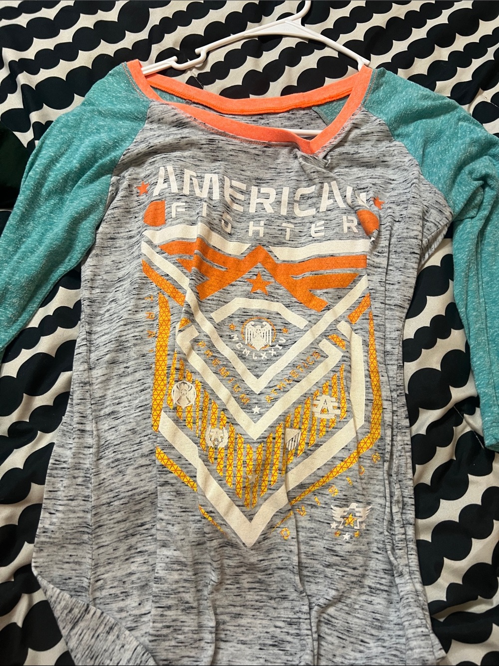 American Fighter Heather Gray Tee with Teal Raglan Sleeves and Orange Trim